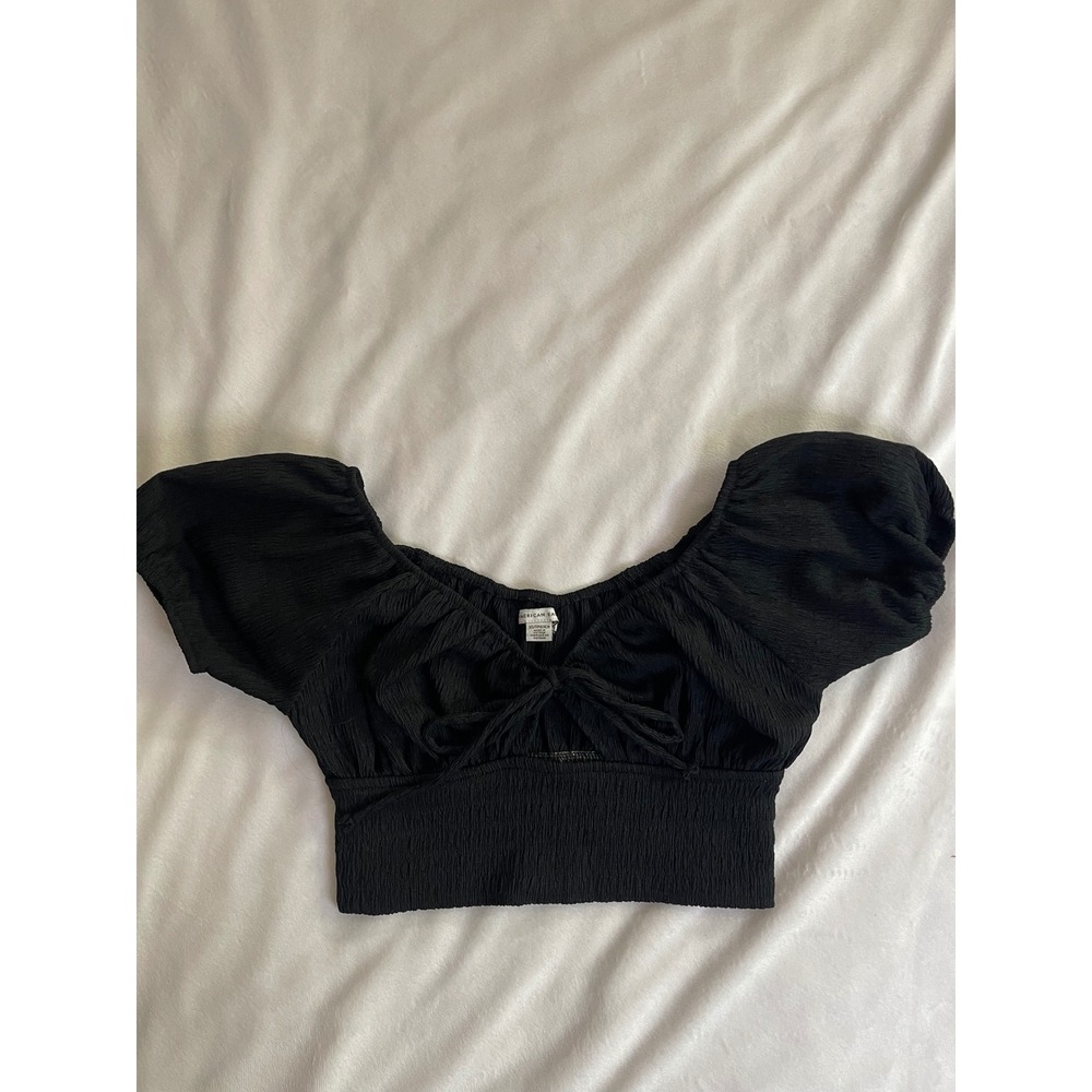 American Eagle Black Crinkle Tie Front Smocked Puff Sleeve Crop Top XS